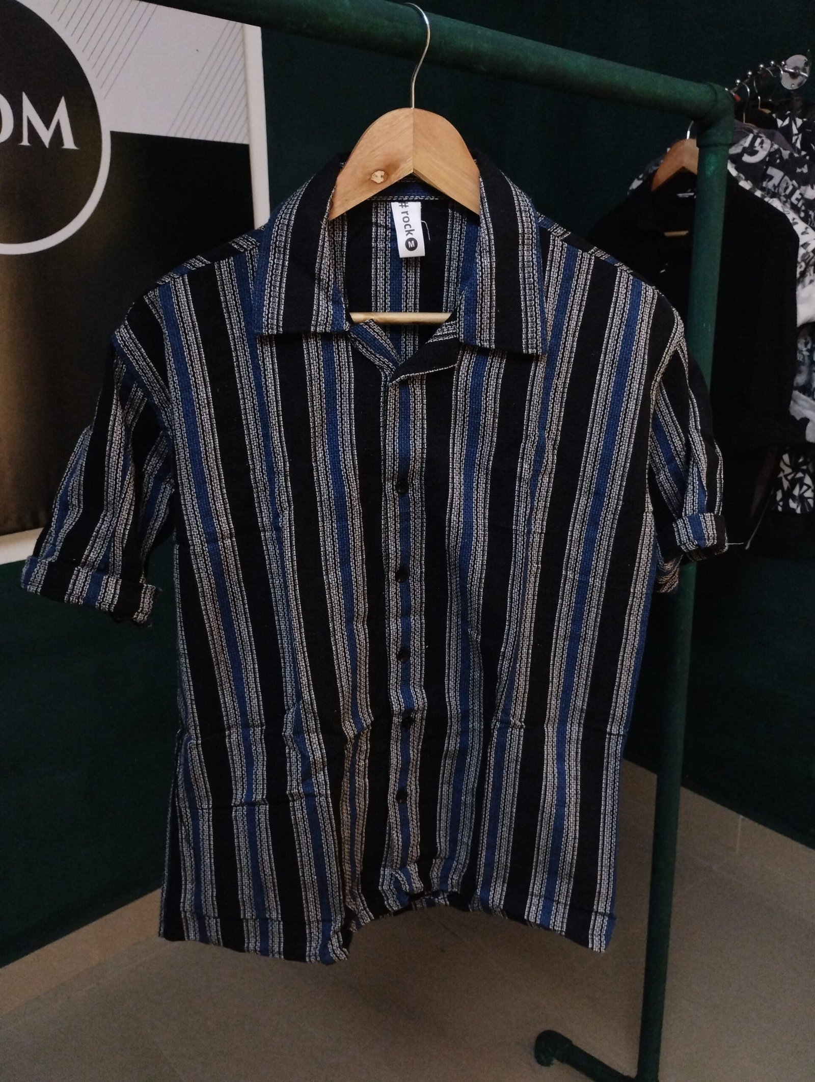 Men's jute fabric 5 sleeve shirt - Black with blue