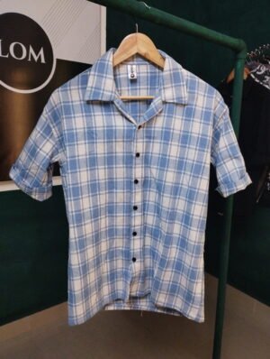 Men's jute fabric 5 sleeve shirt - blue with white