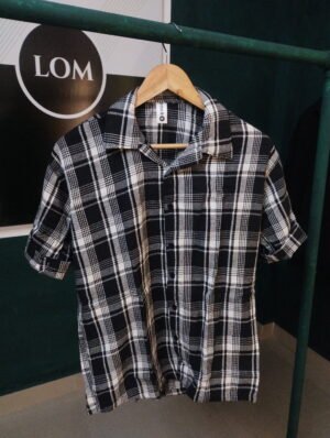 Men's jute fabric 5 sleeve shirt - Black with white