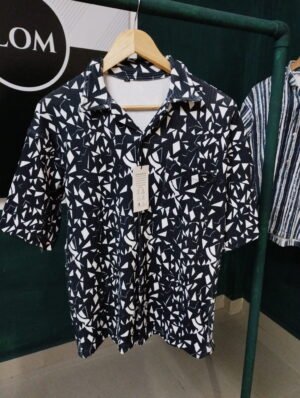 Black Shirt with White & Tan Geometric Print – Short Sleeves Casual Statement Wear