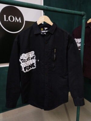 Dark Black Button-Up Shirt with Graphic Print – Stylish & Bold Casual Wear - cargo shirt