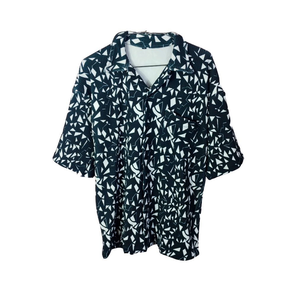 Black Shirt with White & Tan Geometric Print – Short Sleeves Casual Statement Wear