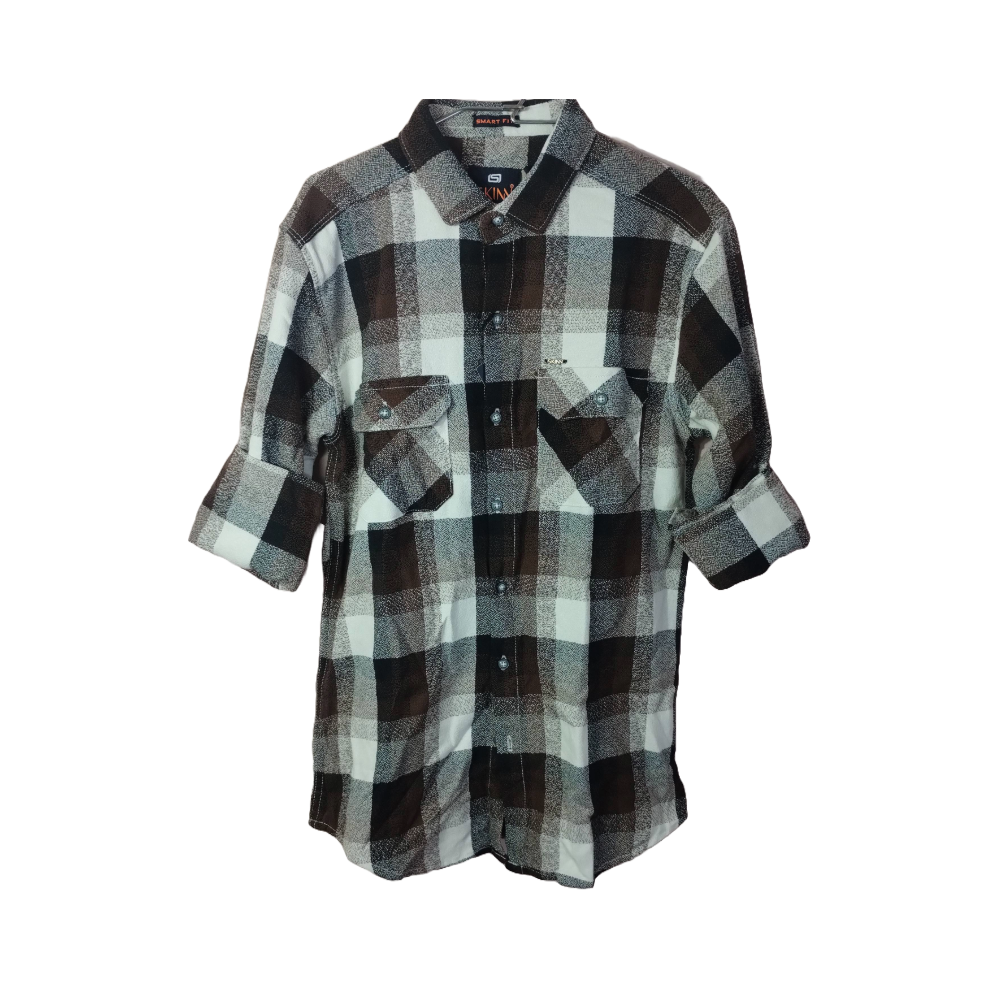 BACK PRINT CHECK SHIRT - Classic brown, black and white check pattern