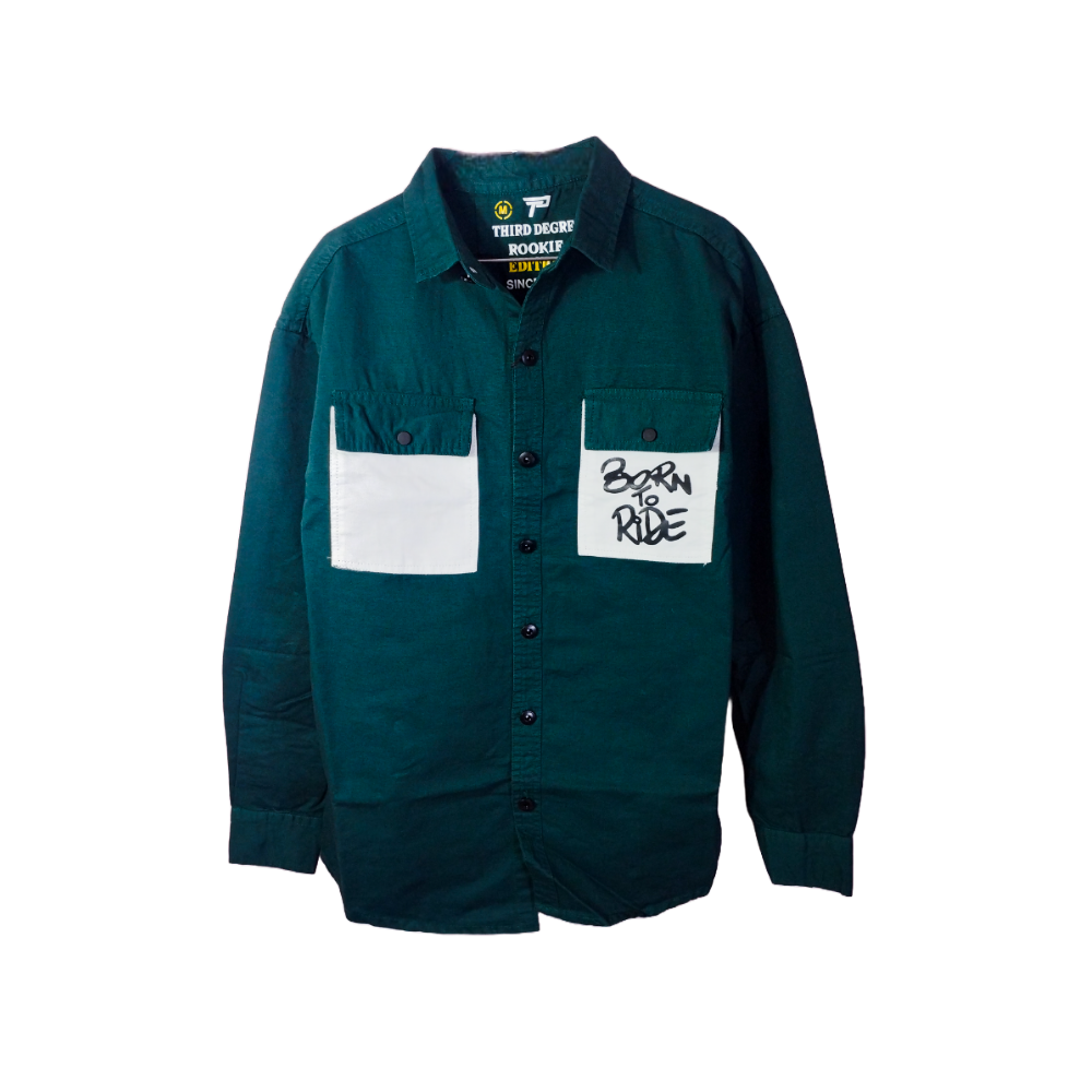 "Born to Ride" Dark Green Button-Up Shirt with White Pockets – Stylish & Bold Casual Wear