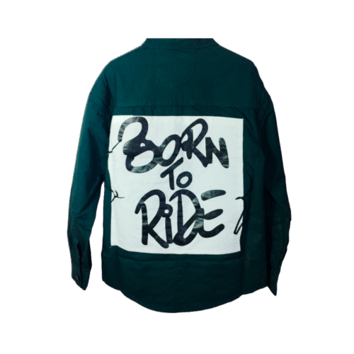 "Born to Ride" Dark Green Button-Up Shirt with White Pockets – Stylish & Bold Casual Wear