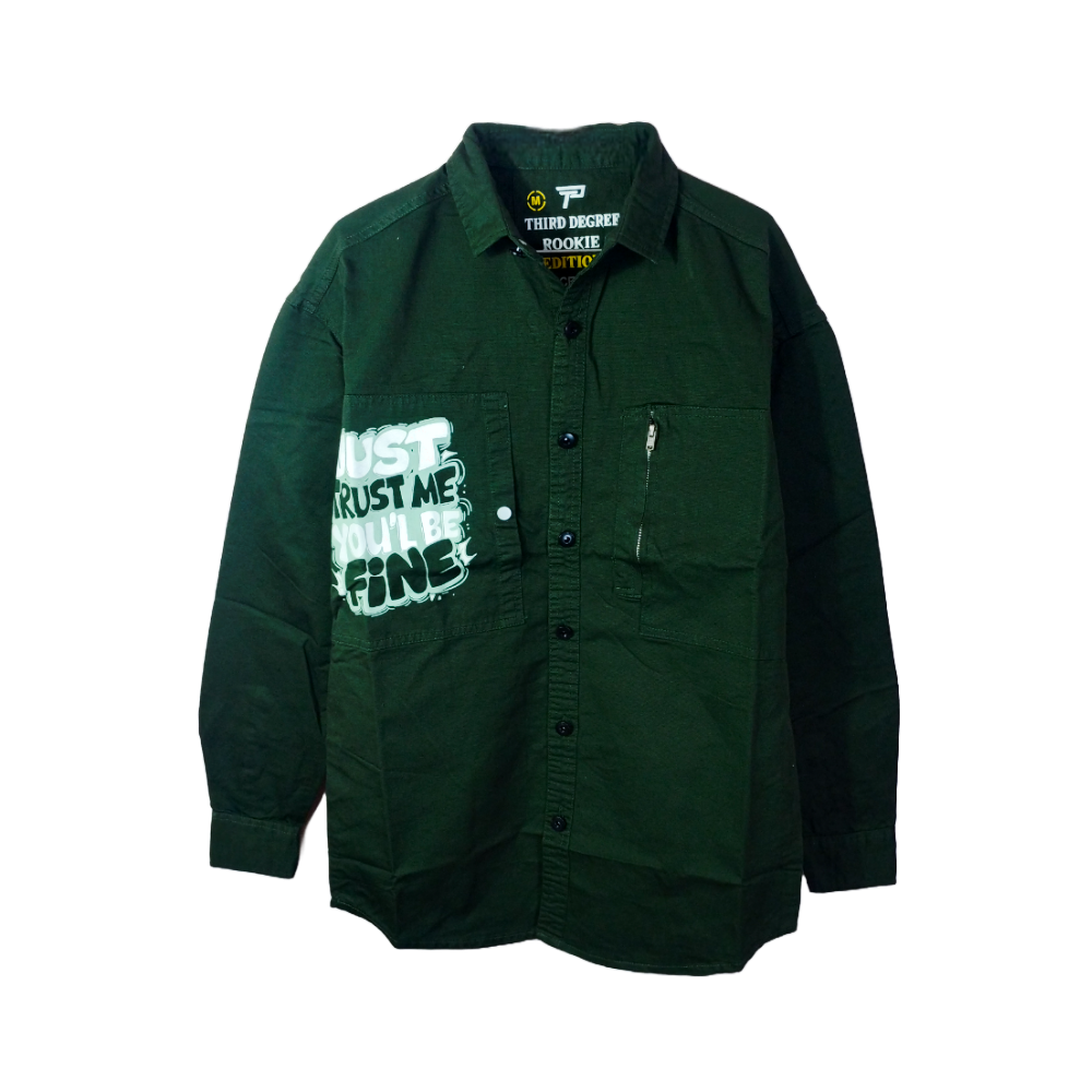Dark Green Button-Up Shirt with Graphic Print – Stylish & Bold Casual Wear