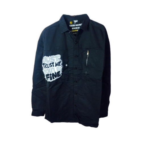 Dark Black Button-Up Shirt with Graphic Print – Stylish & Bold Casual Wear