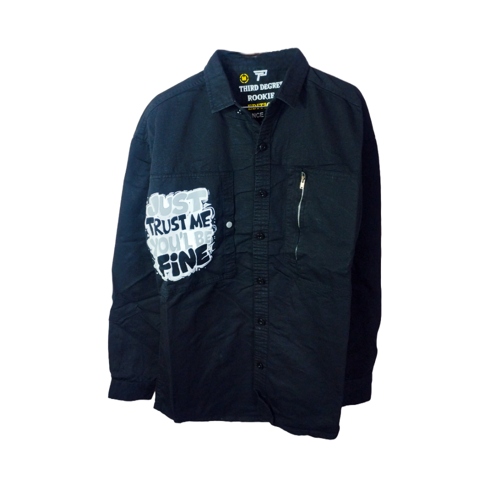 Dark Black Button-Up Shirt with Graphic Print – Stylish & Bold Casual Wear