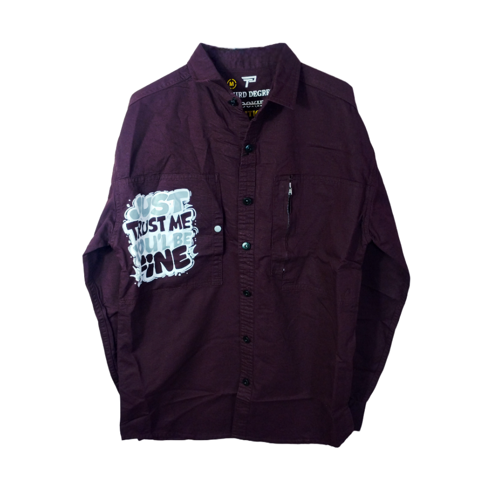 Dark Maroon Button-Up Shirt with Graphic Print – Stylish & Bold Casual Wear