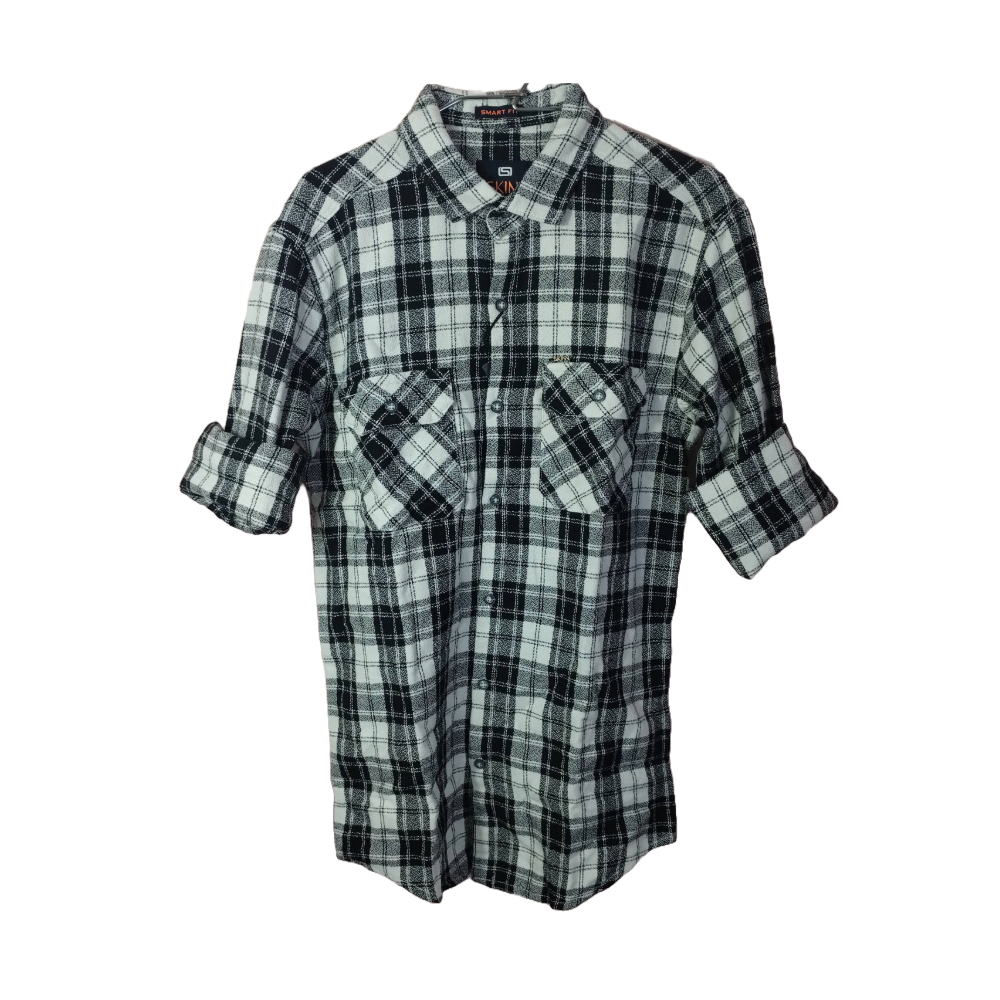 BACK PRINT CHECK SHIRT - Men's Black & White Checked Flannel Shirt