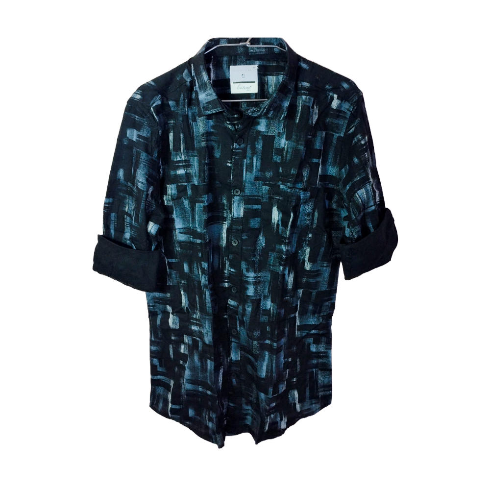 Dark Green Cotton Shirt with Black Brush Stroke Print