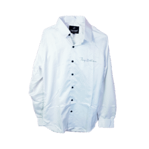 Men's White Cotton Party Wear Shirt with Black Buttons & Signature Embroidery