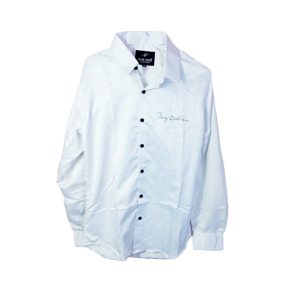 Men's White Cotton Party Wear Shirt with Black Buttons & Signature Embroidery